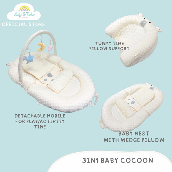 Lily and Tucker Bear Pod 3in1 Multipurpose Baby Nest Lounger Anti-startle Bed Nest with Wedge