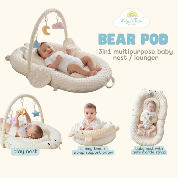 Lily and Tucker Bear Pod 3in1 Multipurpose Baby Nest Lounger Anti-startle Bed Nest with Wedge