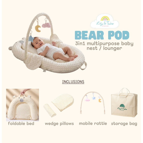 Lily and Tucker Bear Pod 3in1 Multipurpose Baby Nest Lounger Anti-startle Bed Nest with Wedge